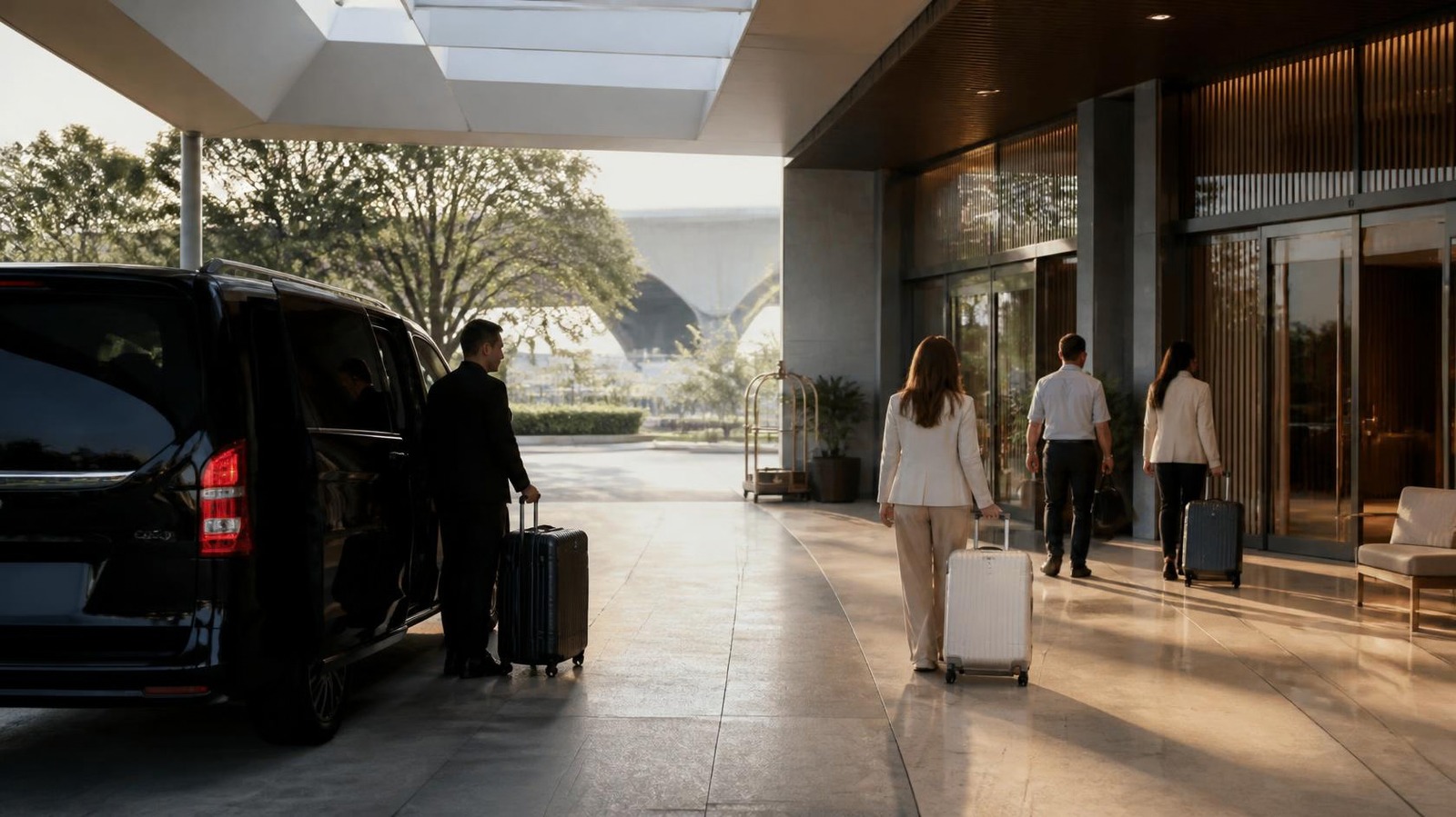 Black shuttle van collecting guests from an airport hotel
