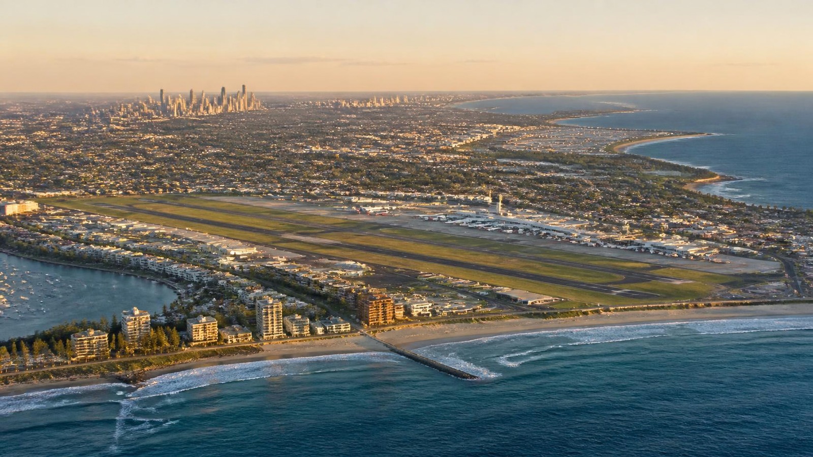 Aerial view of an Australian coastal city and airport