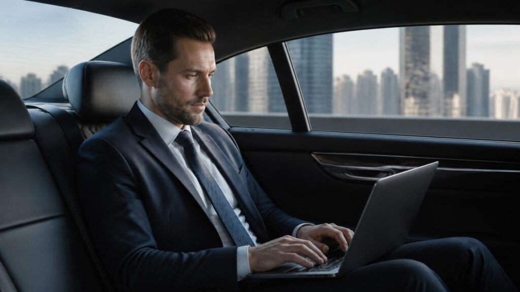 Business traveller working in the back of a chauffeured car