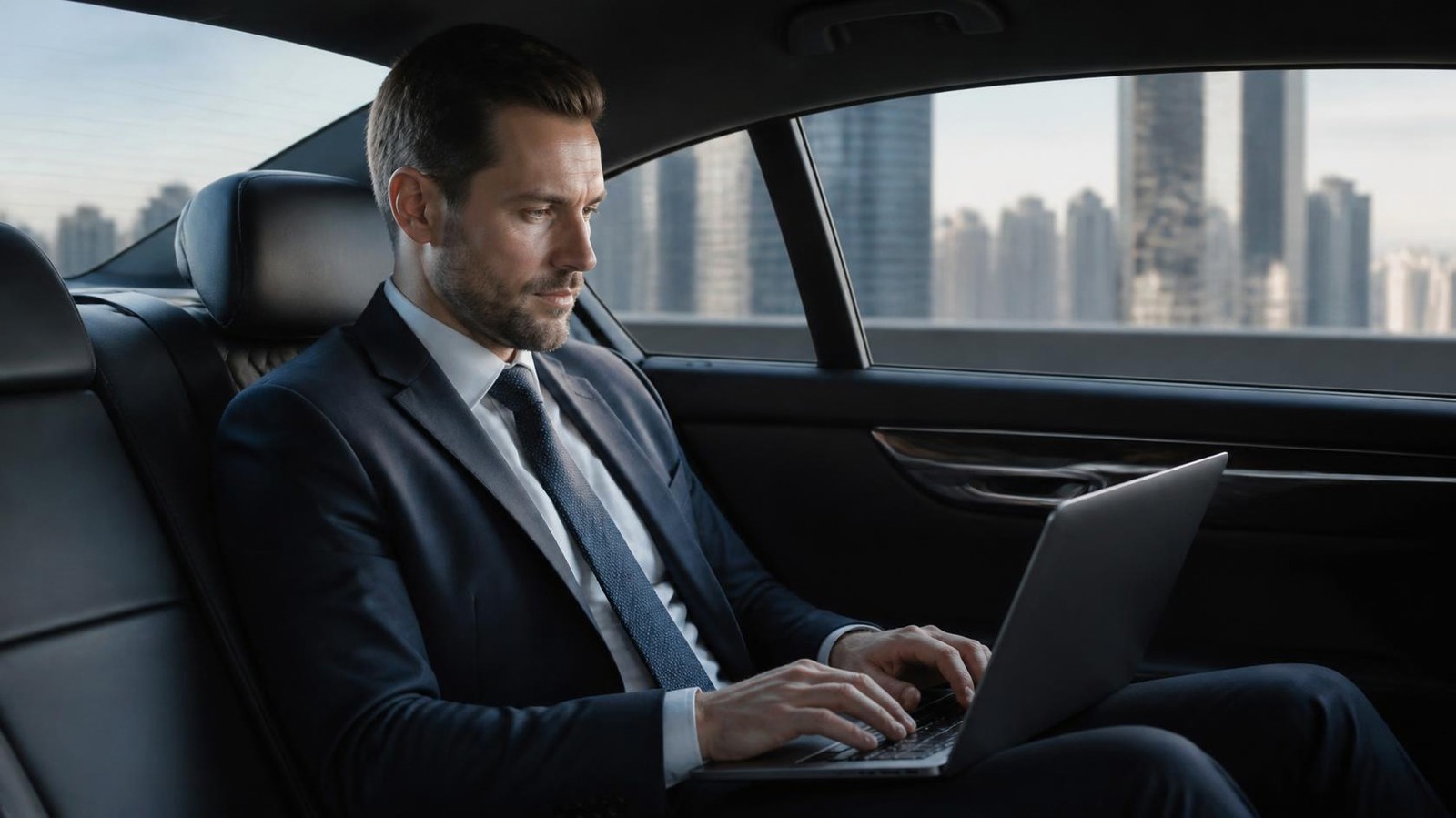 Business traveller working in the back of a chauffeured car