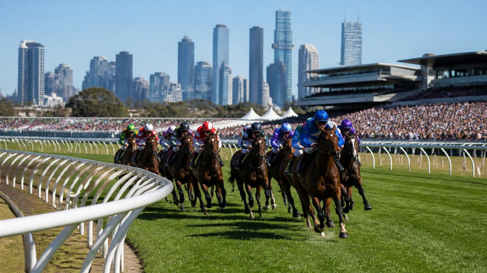 Racehorses at a Melbourne racecourse on Caulfield Cup Day