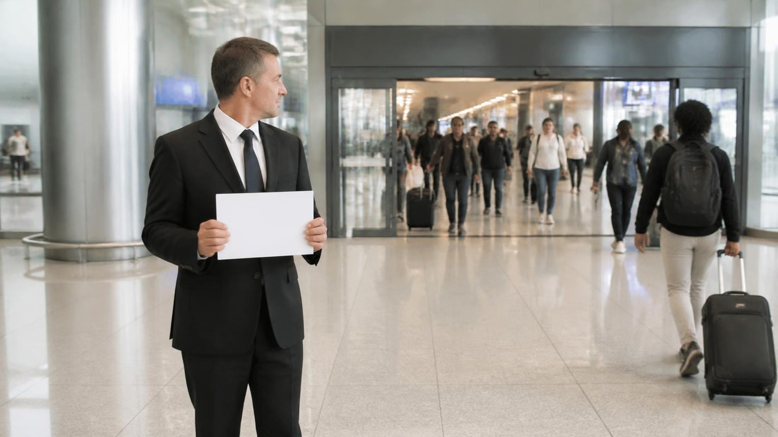 Chauffeur waiting for passengers in the airport arrivals hall