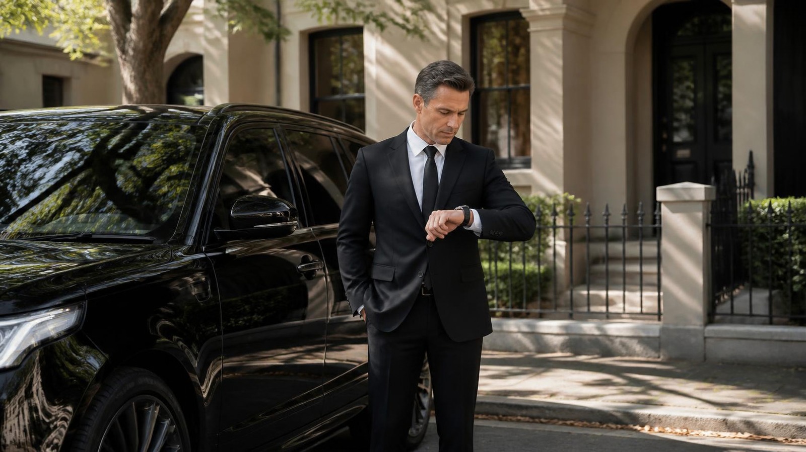 Chauffeur arriving on time beside a black SUV