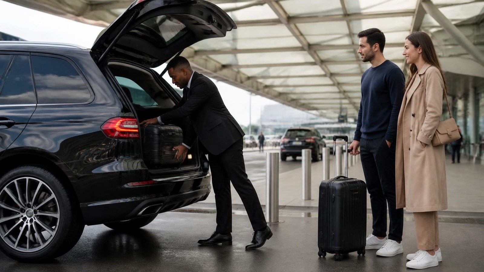 Chauffeur loading luggage into a black SUV for a Sydney Airport transfer