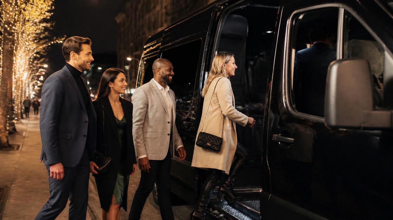 Colleagues boarding a black minibus after a Christmas party
