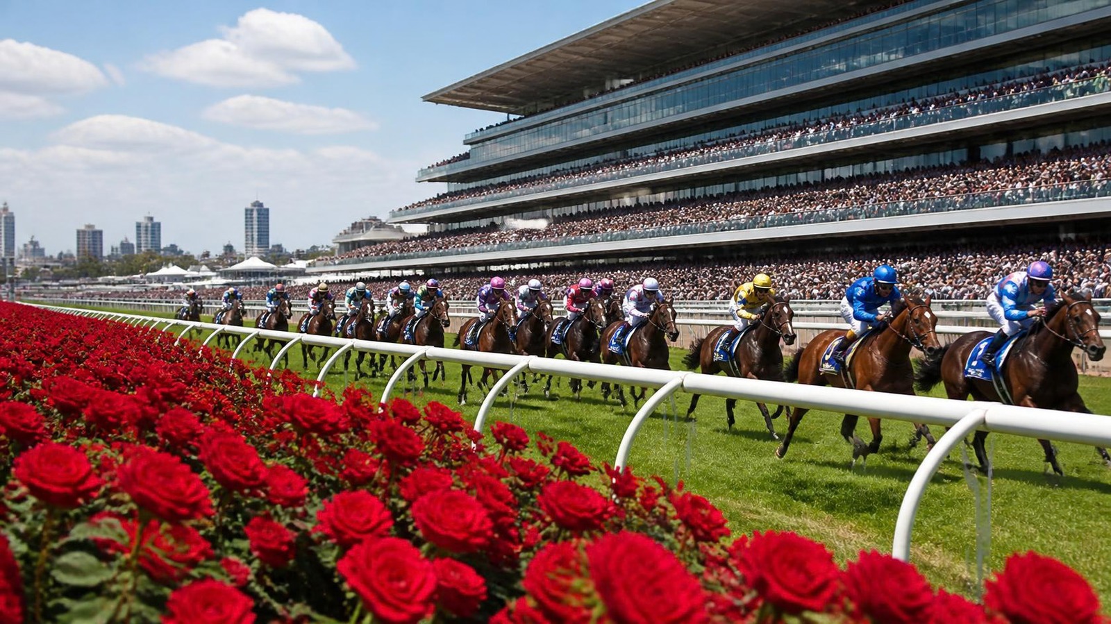 Racehorses passing the roses at Flemington for the Cox Plate