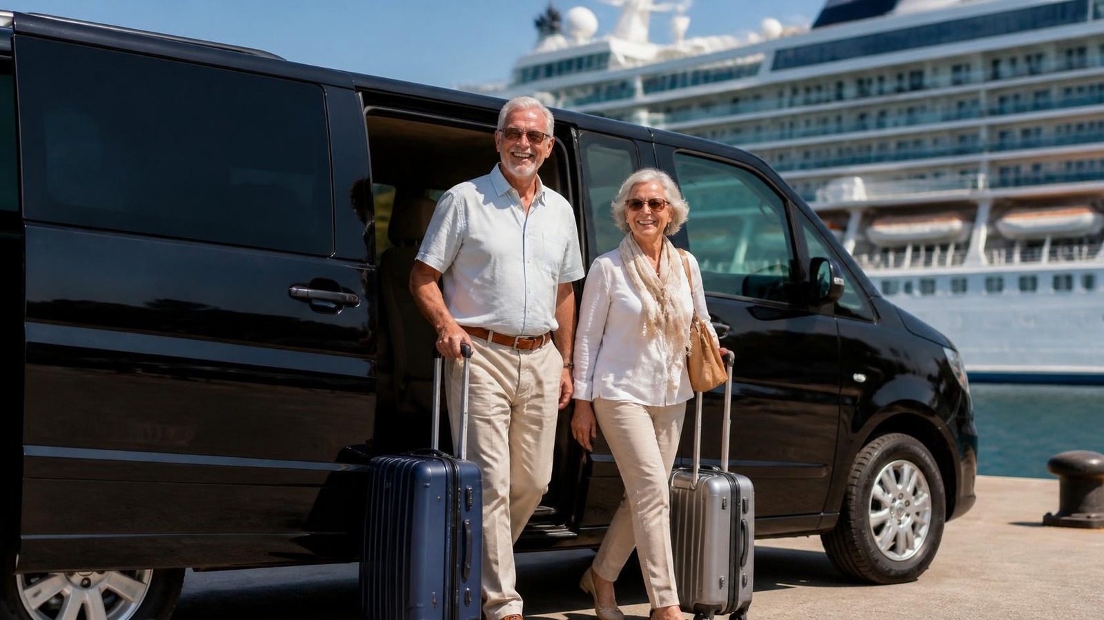 Couple arriving at the cruise terminal by black van