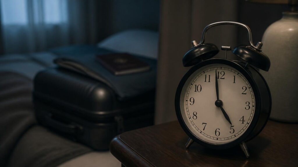 Alarm clock and packed suitcase before an early flight when daylight saving starts