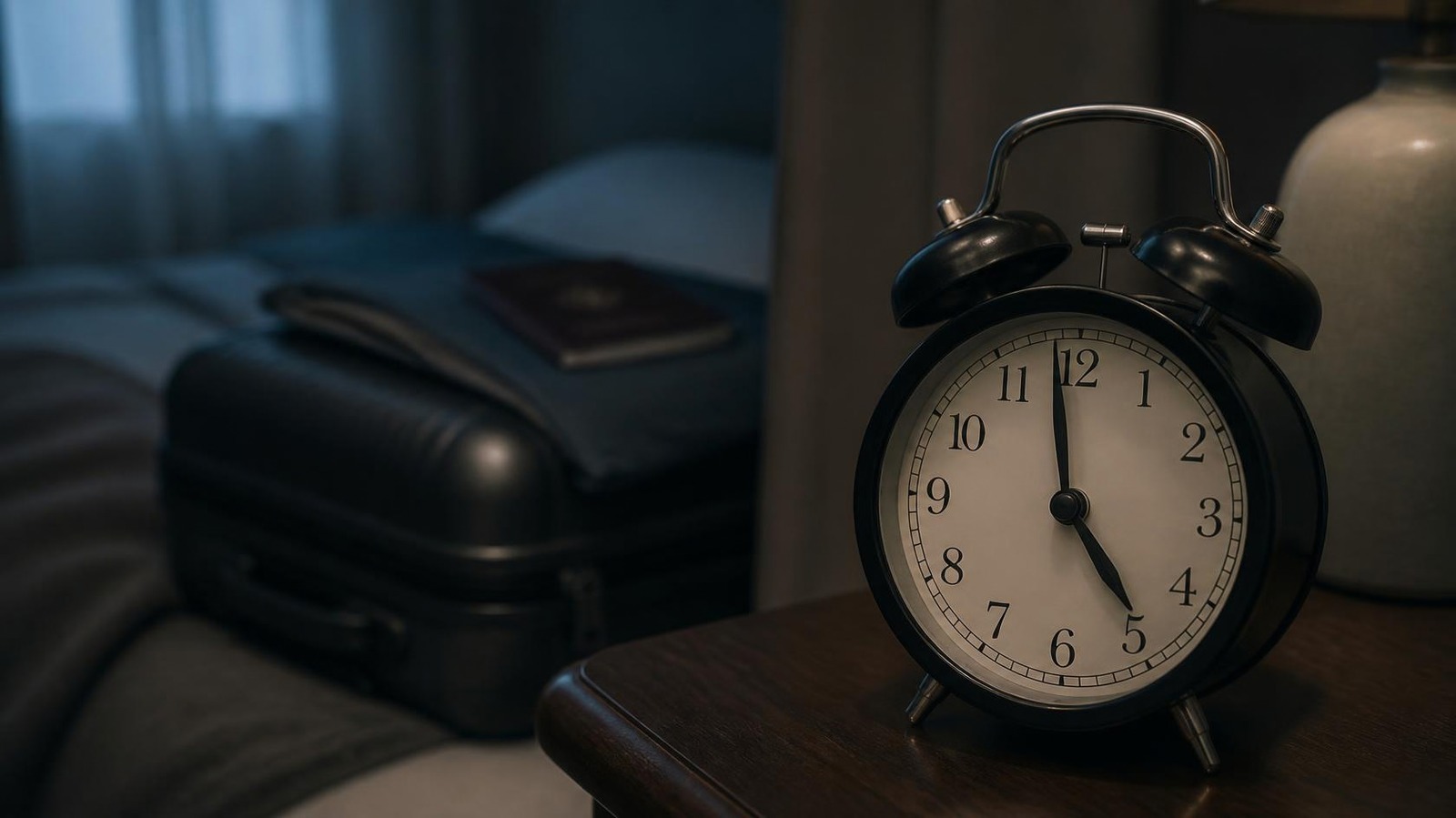 Alarm clock and packed suitcase before an early flight when daylight saving starts