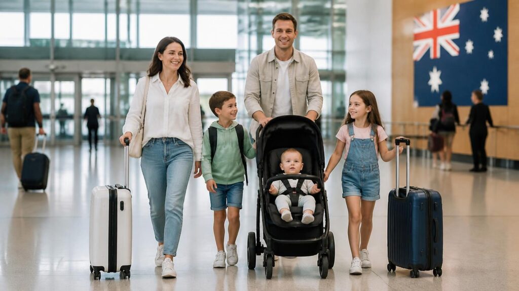 Family with young children arriving at the airport after the school holidays