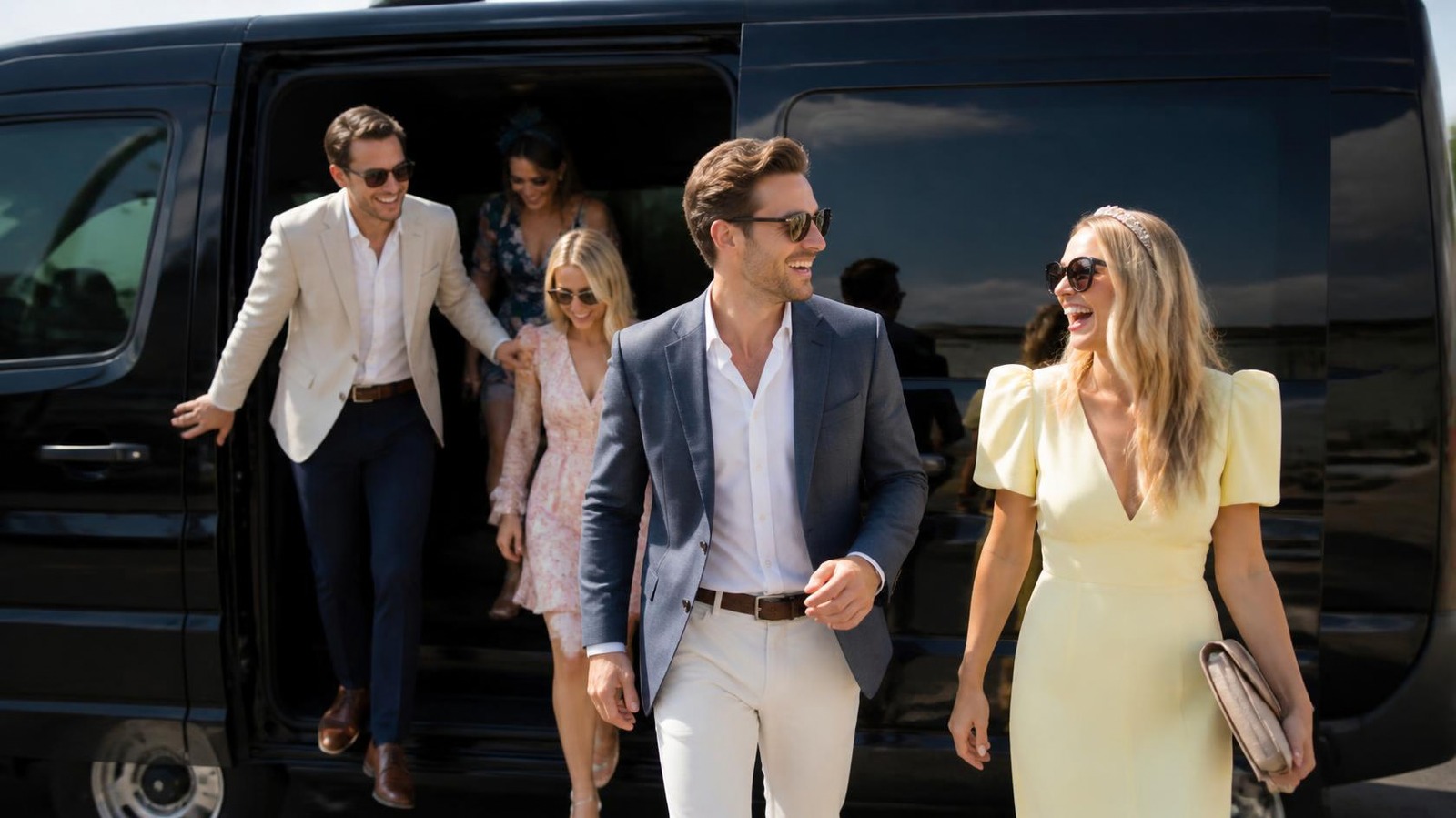 Friends in race-day outfits stepping out of a black van