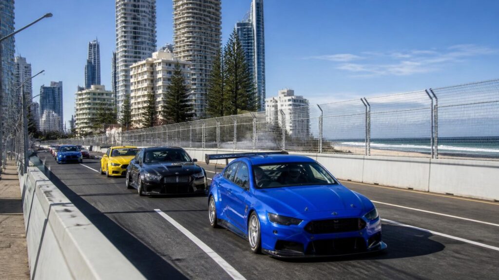 Touring cars racing on the Gold Coast street circuit