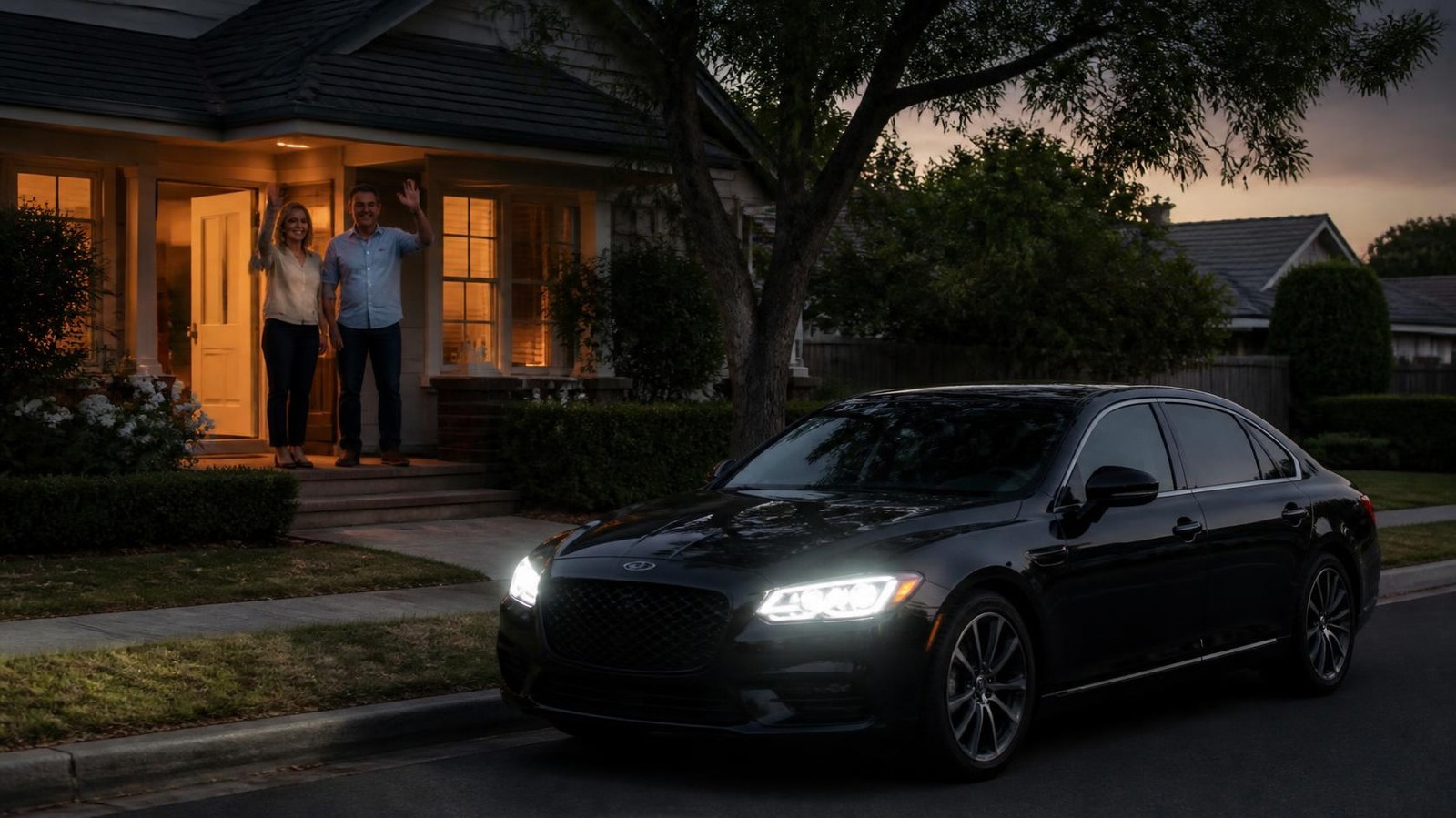 Parents waving off a chauffeured car on formal night