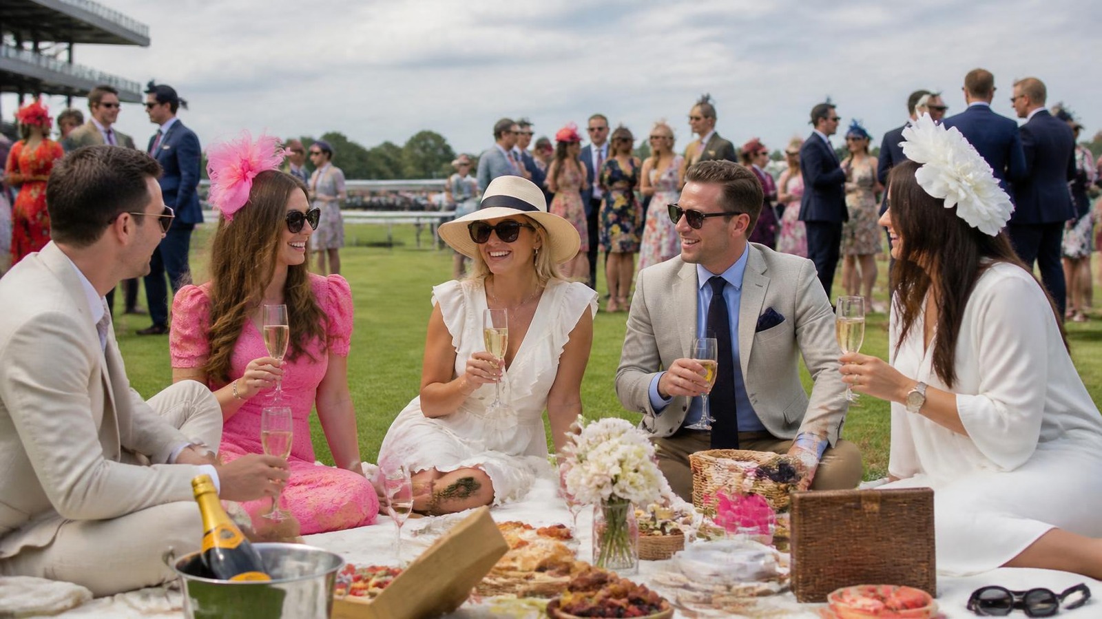 Friends enjoying a picnic on the racecourse lawn