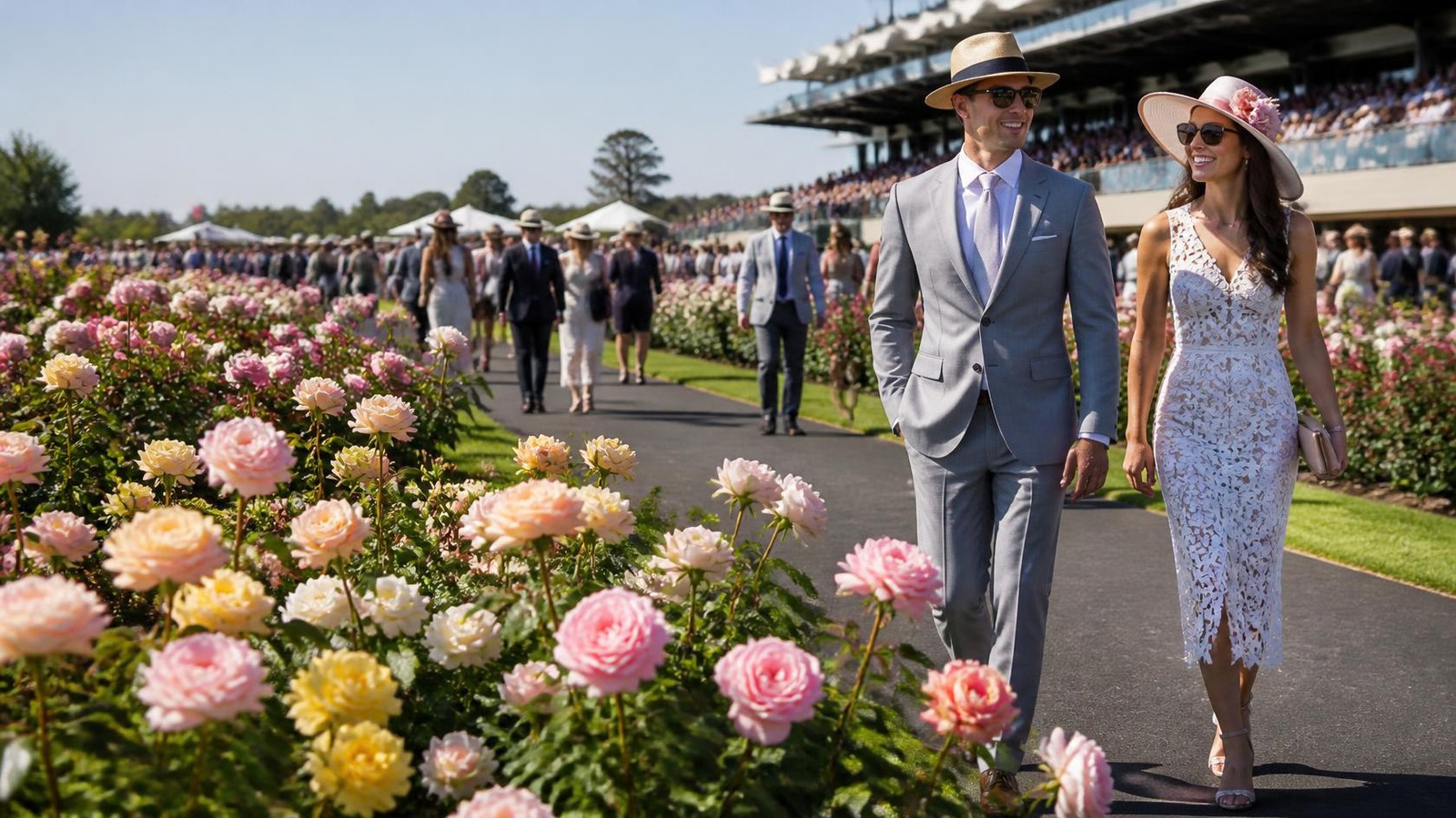 Racegoers walking through the rose gardens on race day