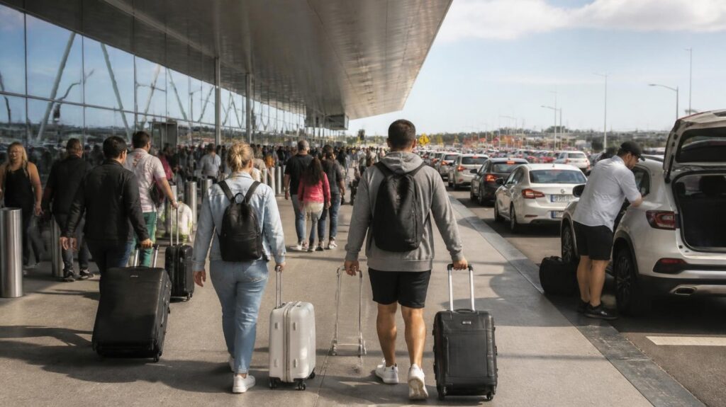 Busy airport kerbside with travellers on the long weekend
