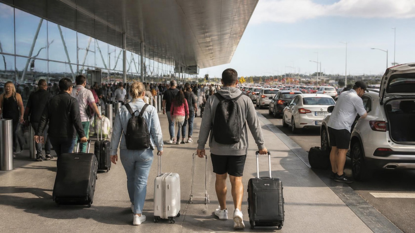 Busy airport kerbside with travellers on the long weekend