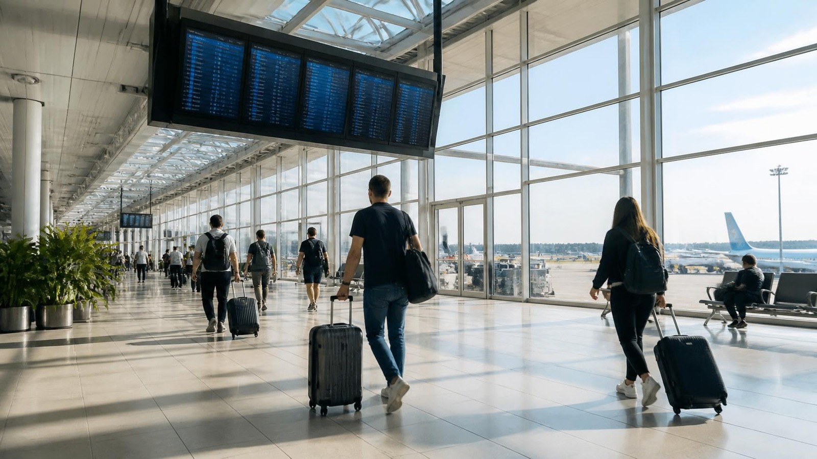 Travellers walking through a bright Sydney Airport terminal