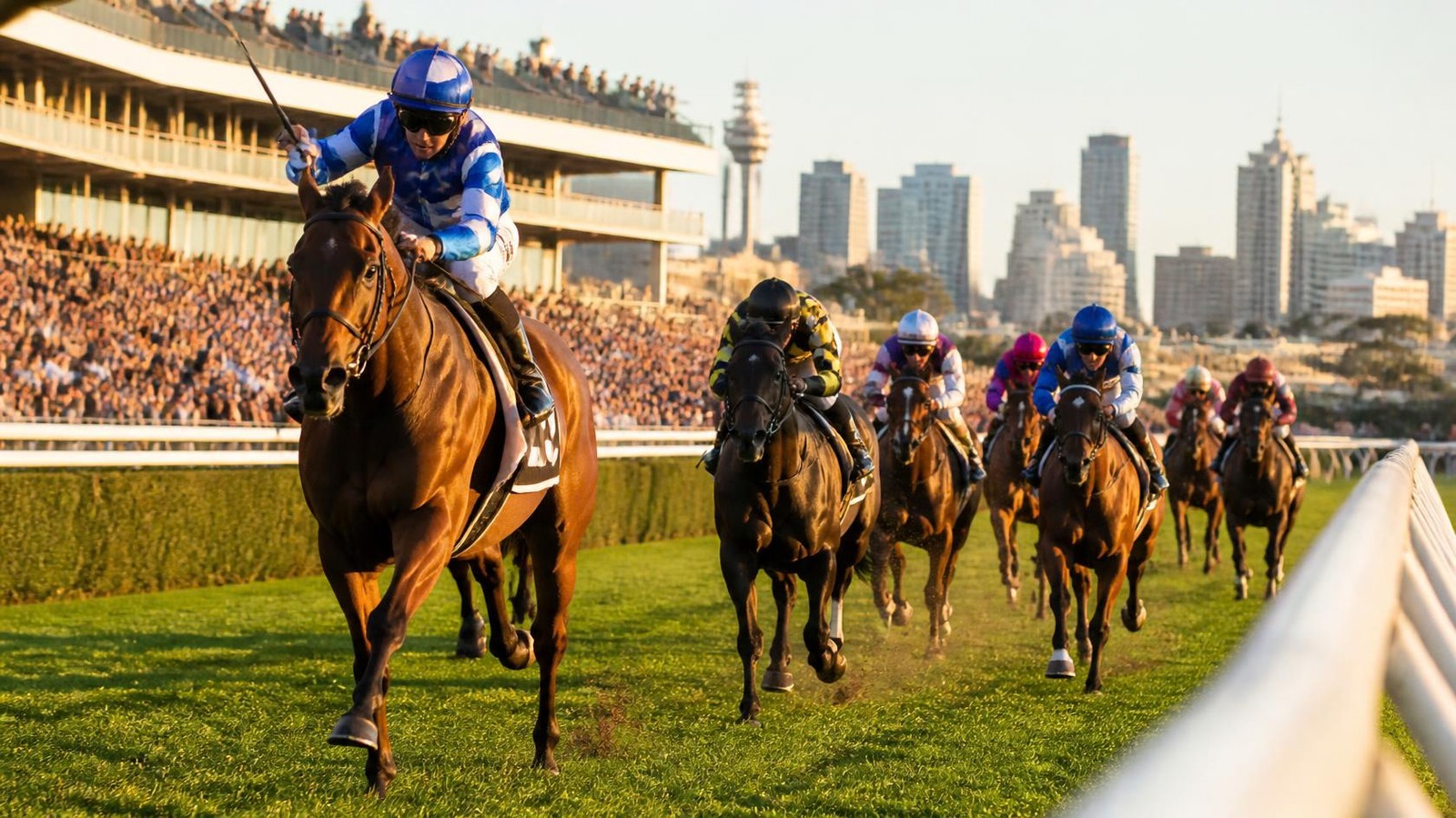 Sprinters racing down the straight at Royal Randwick for The Everest