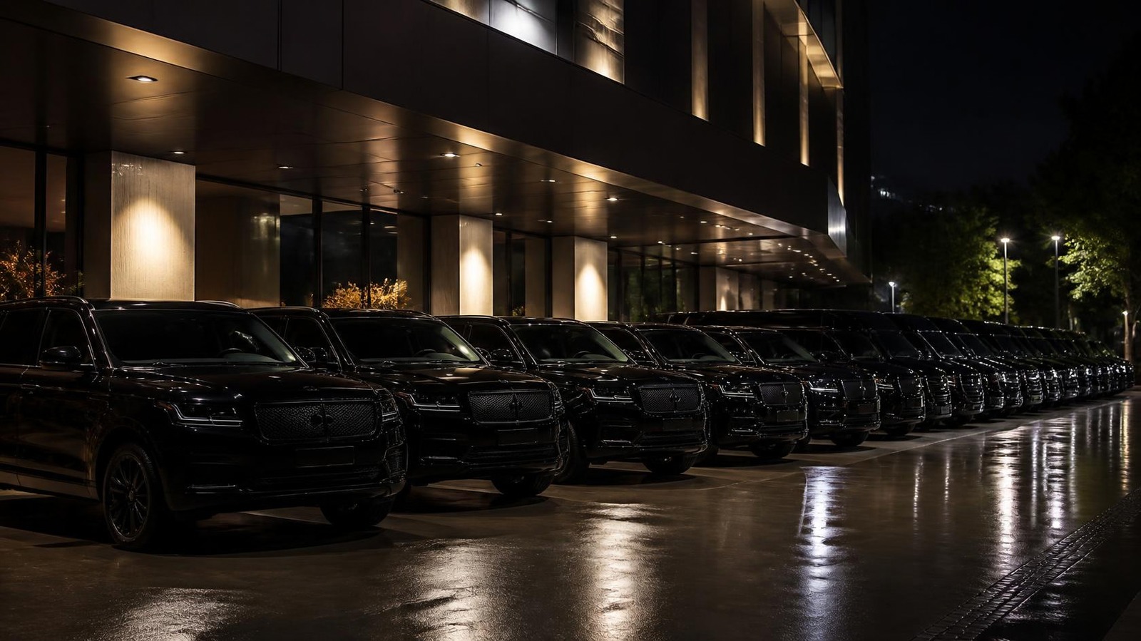 Unmarked all-black fleet of SUVs and vans