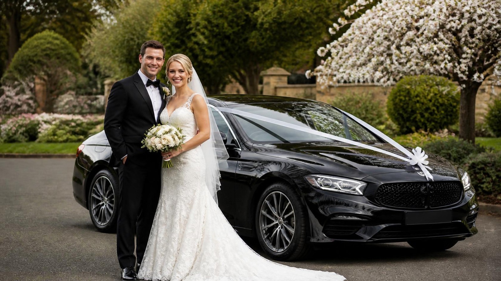 Bride and groom with their black wedding car