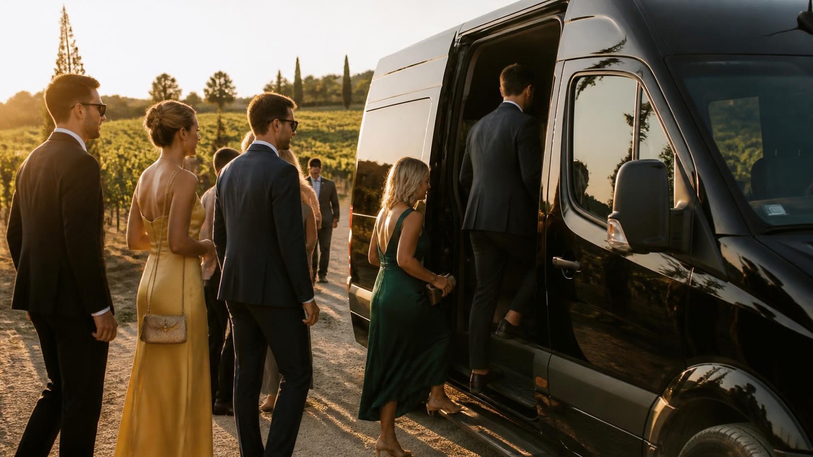 Wedding guests boarding a black minibus at a vineyard