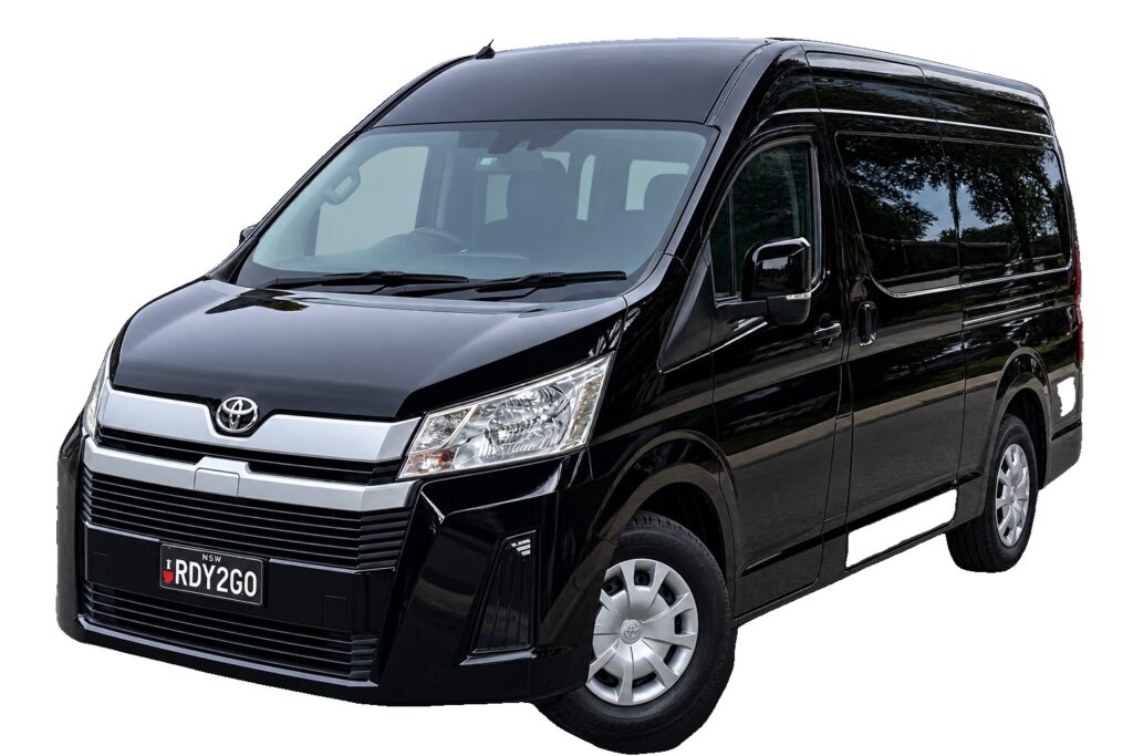 Black Toyota HiAce 12-seat van